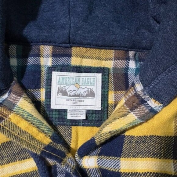 American Eagle AE Cropped Flannel Hooded Shirt Top XS Mustard Yellow Blue Brown - Picture 2 of 11